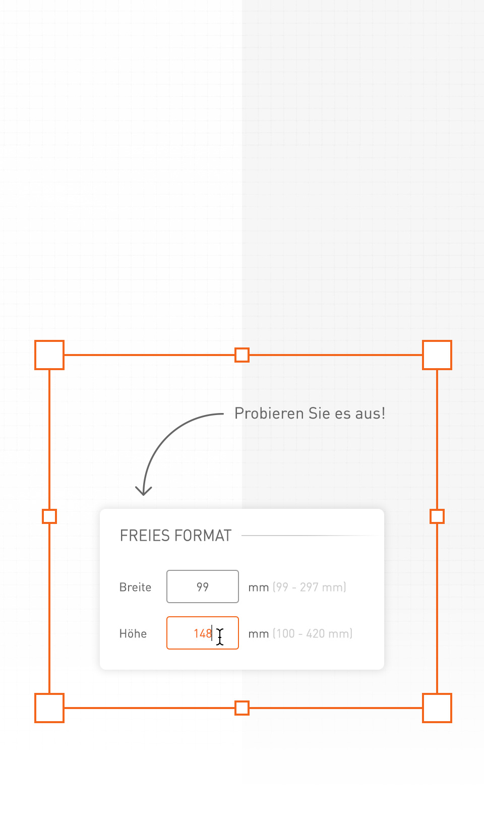 Im Bewegtbild verändert sich der Zeichenrahmen in Höhe und Breite. Gewünschte Formatangaben werden in einem Editor eingegeben.