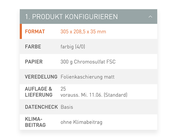 Der Konfigurator von viaprinto. Im Konfigurator wird das Druckprodukt individuell zusammengestellt.