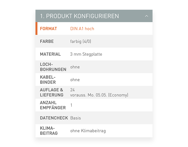 Der Konfigurator von viaprinto. Im Konfigurator wird das Druckprodukt individuell zusammengestellt.