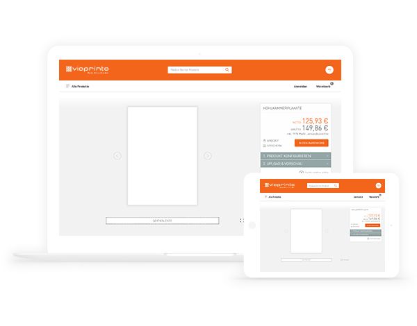 Die Online-Vorschau sichtbar auf einem Laptopmonitor und einem Smartphone. Gezeigt wird ein Produkt noch ohne Druckmotiv.