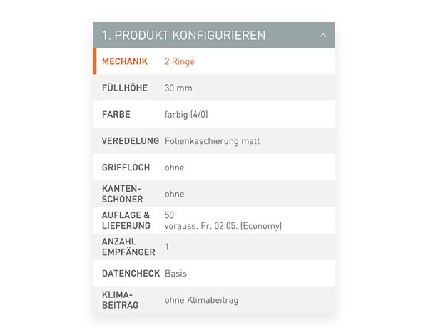 Der Konfigurator von viaprinto. Im Konfigurator wird das Druckprodukt individuell zusammengestellt.