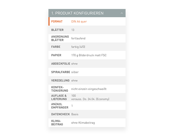 Der Konfigurator von viaprinto. Im Konfigurator wird das Druckprodukt individuell zusammengestellt.